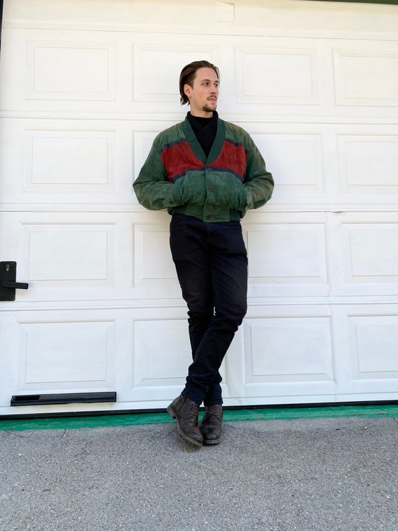 Vintage 90s Red Green Suede Leather Bomber Jacket… - image 5