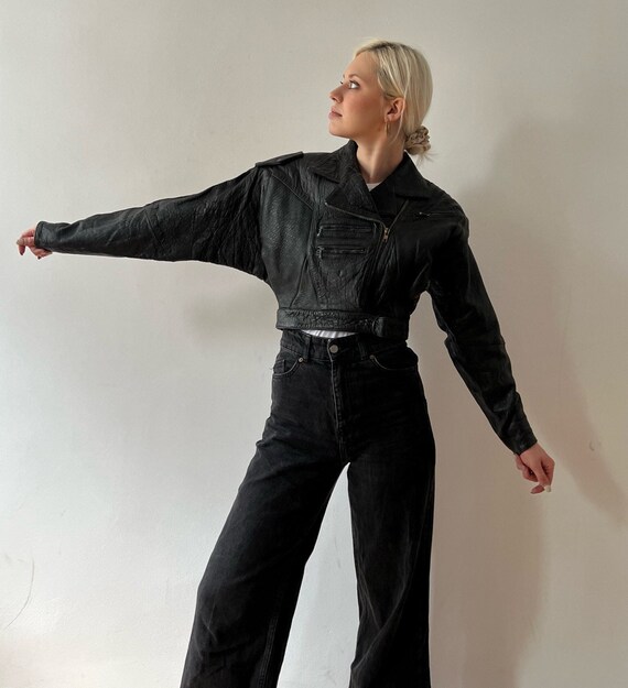 Superb Vintage Black Leather Jacket Crocodile Skin Pattern 80s