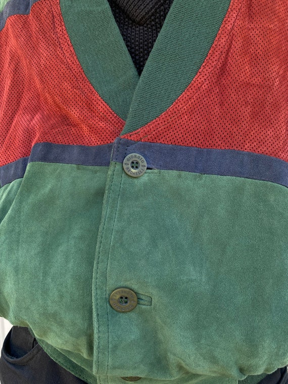 Vintage 90s Red Green Suede Leather Bomber Jacket… - image 8