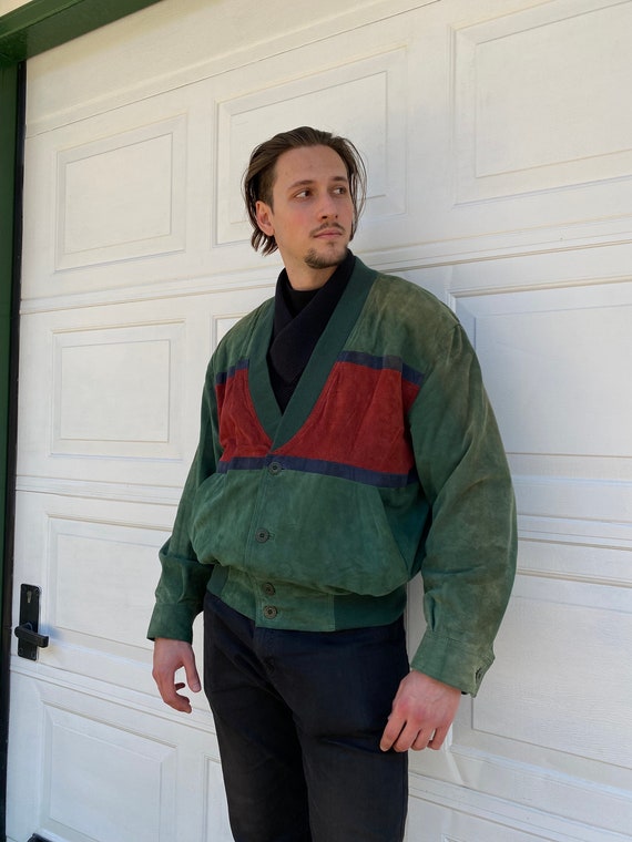 Vintage 90s Red Green Suede Leather Bomber Jacket… - image 4