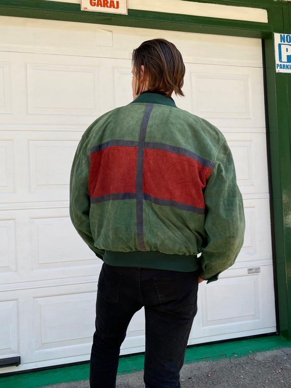 Vintage 90s Red Green Suede Leather Bomber Jacket… - image 6