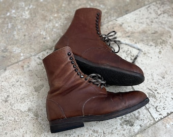 Vintage 1950s-1960s Caramel Brown Leather American / British Paratrooper / Infantry Boots, Military Surplus Long Shaft Army Boots, Size 44.5