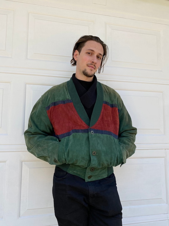 Vintage 90s Red Green Suede Leather Bomber Jacket… - image 2