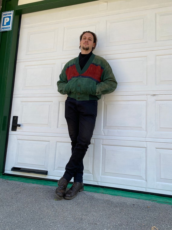 Vintage 90s Red Green Suede Leather Bomber Jacket… - image 3