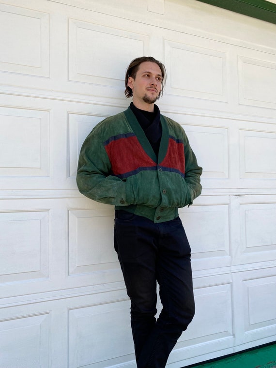 Vintage 90s Red Green Suede Leather Bomber Jacket… - image 1