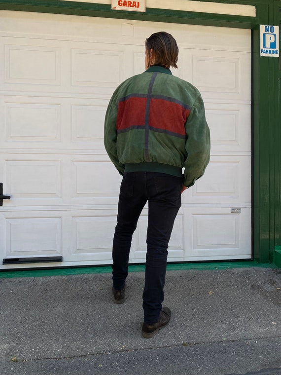 Vintage 90s Red Green Suede Leather Bomber Jacket… - image 7