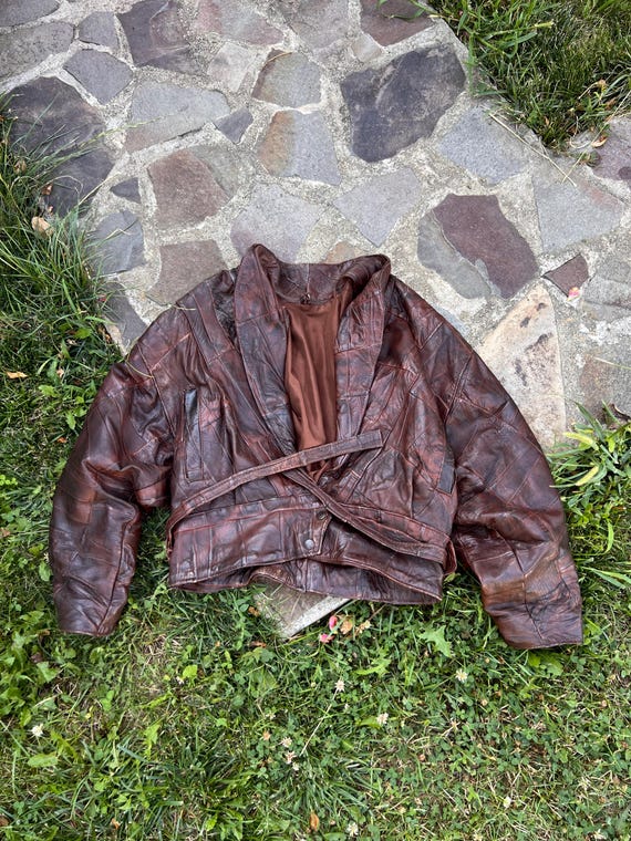 Vintage Burgundy Patchwork Leather Jacket from th… - image 2