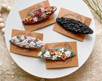 Floral Polymer Clay Barrettes- Hair Accessory/Hair Clip |Handmade|Light Weight|Unique|Accessories|Gift Idea|Flowers|Black|Boho|Daisies