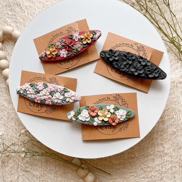 Floral Polymer Clay Barrettes- Hair Accessory/Hair Clip |Handmade|Light Weight|Unique|Accessories|Gift Idea|Flowers|Black|Boho|Daisies