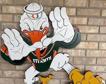 3d Wooden Sebastian the Ibis Wall Art. Miami Hurricanes Mascot