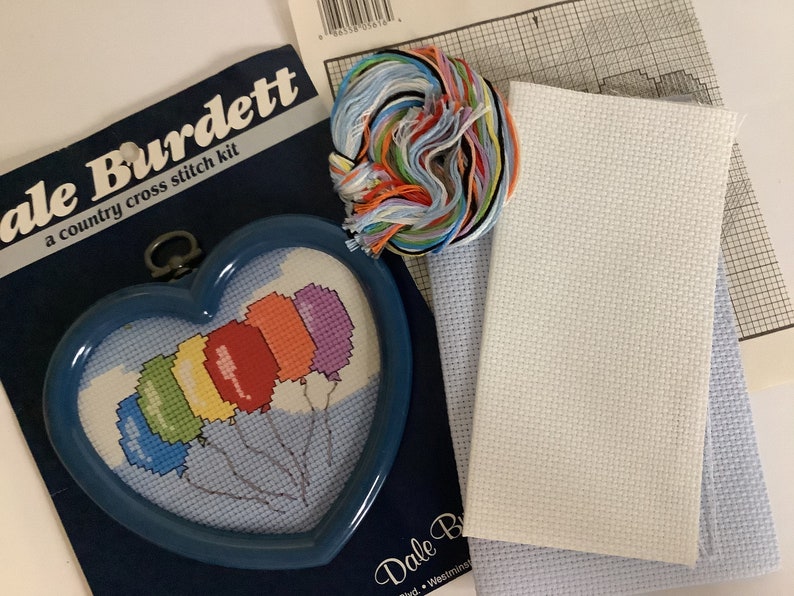 Balloons Counted Cross Stitch Colorful Blue Heart Frame Gift Kit 1980s