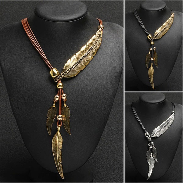 New Bohemian Style Rope Chain Leaf Feather Pattern Pendant For Women Fine Jewelry Collares Statement Necklace