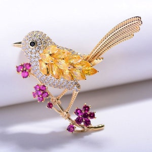 Vintage amarillo colibrí pájaro flor mujer broche Pin cristal de circón imagen 3