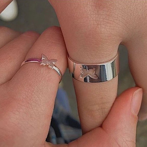 Butterfly Promise Silver Rings For Lover Couple Ring Set Friendship Engagement Wedding Band Open Ring Jewelry