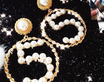 Authentic Vintage Chanel earrings CC logo hoop dangle large