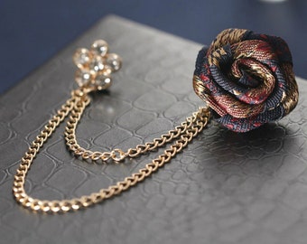 Vintage Mixed Fabric Rose Brooches Tassel Chain Men Suit Collar Brooch Lapel Pin Brooches For Women Jewelry Accessories