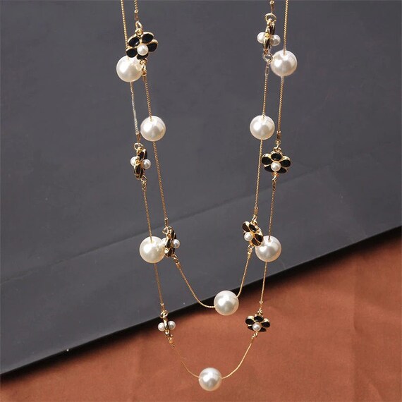 High Quality Women Layered Pearl Sweater Chain Necklace -  Sweden