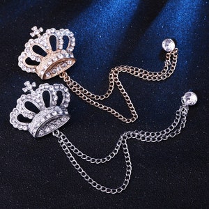 Luxury Rhinestone Crown Brooch Pin Tassel Lapel Pins Suit Shirt Collar Badge Corsage Brooches for Men Jewelry Accessories