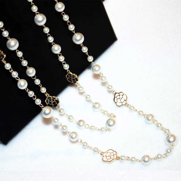 Layers Pearl Beads Camellia Flower Necklace Crystal Pave Flower Camelias Collres womans jewelry luxury