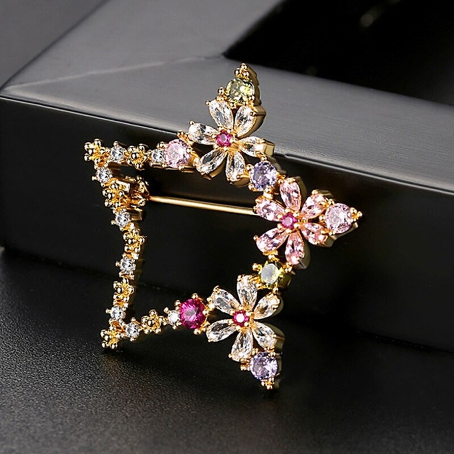 New Star Brooch Crystal Brooches Pins Rhinestone Star Flower Etsy