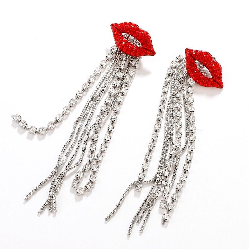 Trendy Shiny Full Crystal Red Lip Long Tassel Drop Earring Vintage ...
