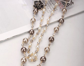 korean Camellia double layerd sweater long chain pearl necklace pendant jewelry for women party