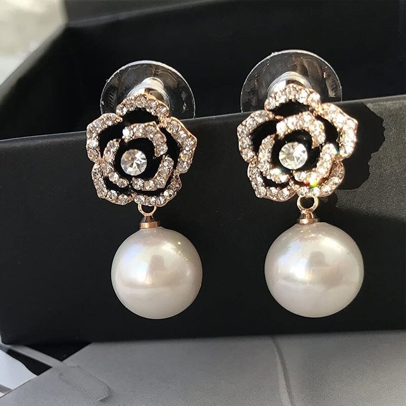Luxury Brand Design Pearl Pendant Camellia Earrings Lady Party 