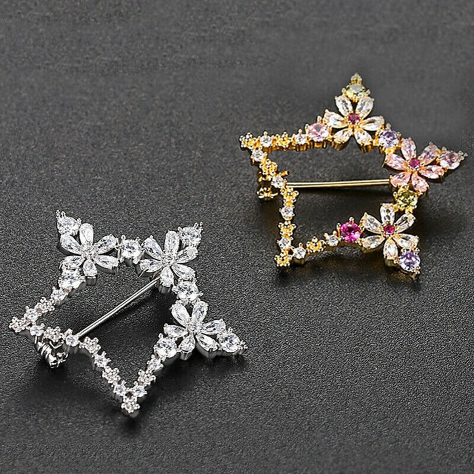 New Star Brooch Crystal Brooches Pins Rhinestone Star Flower Etsy