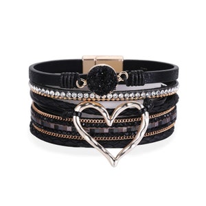 Fashion Braided Leather Wrap Bracelets Bangles Multilayer Resin Stone Hollow Heart Charm Bracelets Women Gift Pulseira