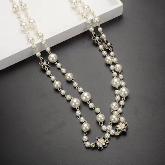 Long Chains Pearl Necklace for Women Camellia Flower Gray White Beads Layer Collane Vintage Jewelry on The Neck Accessories Gift