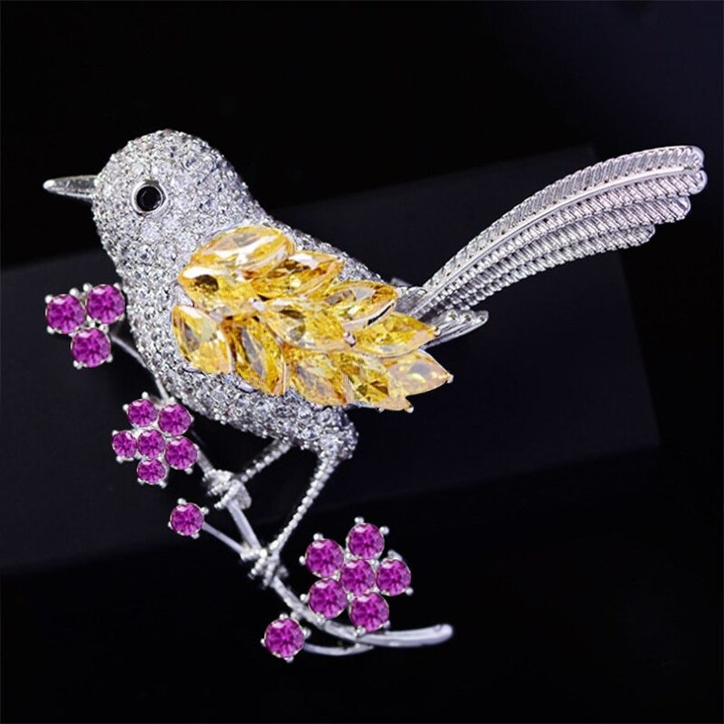 Vintage amarillo colibrí pájaro flor mujer broche Pin cristal de circón 2