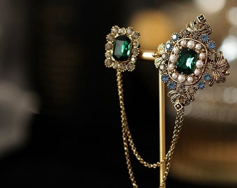 Baroque British Style Rhinestone Brooch Pins Emerald Tassel Chain Pearl Brooch Collar Shirt Pin Accessories for Women