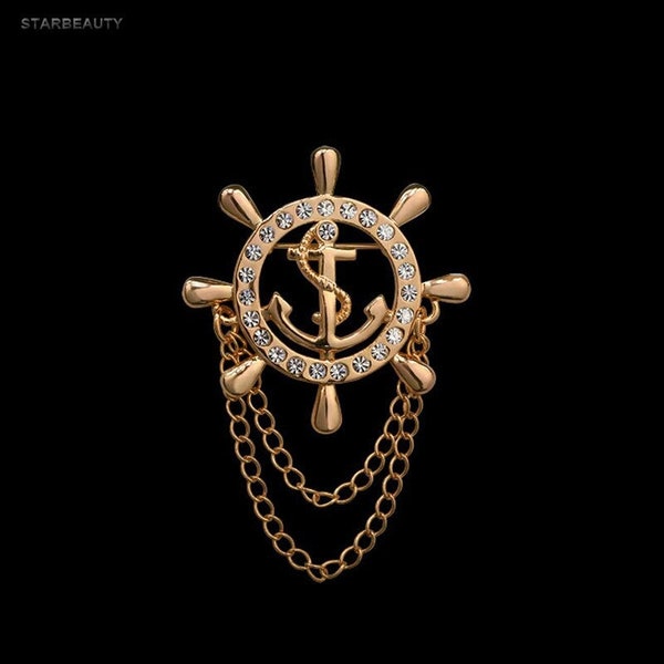 Golden Rudder Anchor Brooch Mens Suit Boutonniere Badge Korean Brooches for Men Lapel Pin Women Broches Chain Christmas Gift