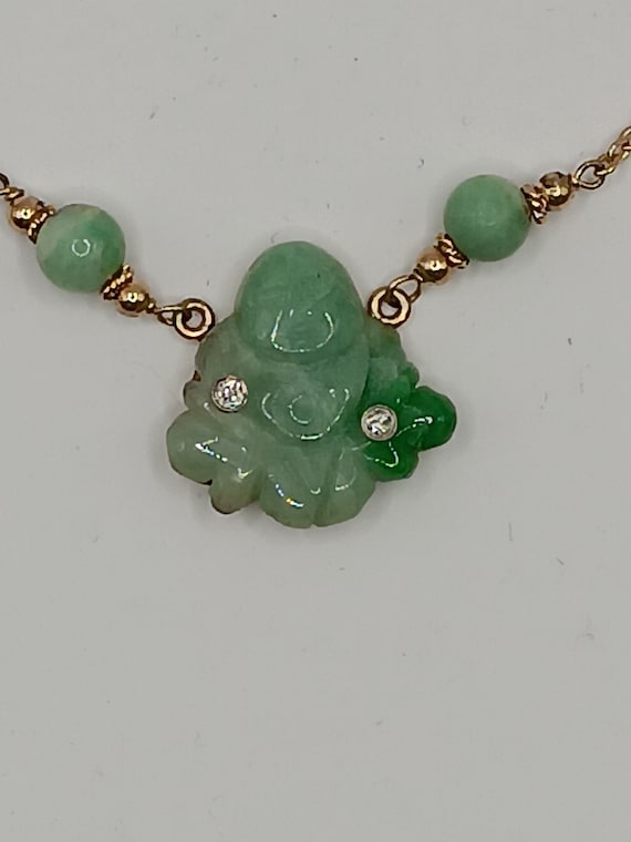 A Vintage untreated jade buddha and diamond 14kt … - image 2