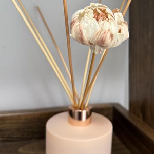May include: A blush pink essential oil diffuser with a copper-colored collar. The diffuser has several light brown reeds and a decorative flower. The flower is white with pink and brown accents. The diffuser is on a wooden surface.