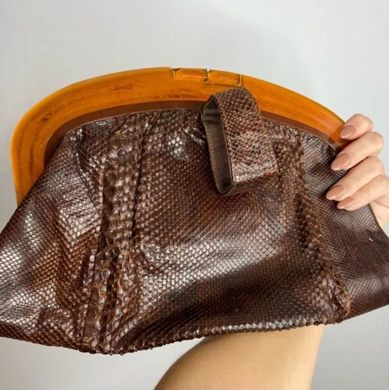 Vintage Lucite Handle Reptile Clutch Handbag image 5