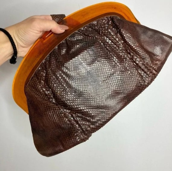 Vintage Lucite Handle Reptile Clutch Handbag - image 1