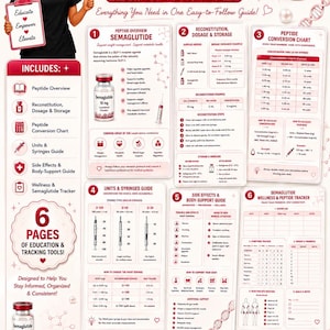May include: A six-page digital guide titled Semaglutide Complete Peptide Guide featuring an illustration of a person holding a clipboard. The document includes sections on peptide overview, reconstitution, dosage, storage, conversion charts, and trackers.