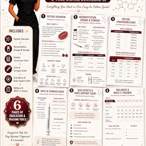 Könnte beinhalten: Ein 6-seitiger digitaler Leitfaden mit dem Titel MOTS-C COMPLETE PEPTIDE GUIDE, der eine Person in schwarzer Kleidung mit einem Fläschchen zeigt. Das Dokument enthält Abschnitte zu Peptid-Grundlagen, Dosierung, Umrechnung und Trackern.