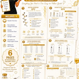 May include: A six-page digital guide titled KPV Complete Peptide Guide, featuring sections on peptide overview, reconstitution, dosage, storage, conversion charts, syringe guides, side effects, and a wellness tracker, with gold accents and icons.
