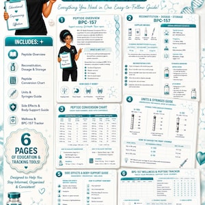 May include: A six-page digital guide titled BPC-157 Complete Peptide Guide featuring an illustrated character, peptide overview, reconstitution steps, dosage charts, syringe guides, side effects, and a wellness tracker with BPC-157 vial and syringe.