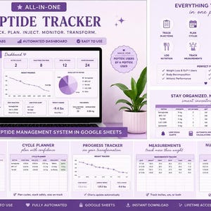 Premium Peptide Tracker-kalkylblad Google Sheets | GLP-1, Viktminskning, Injektion, Dosering, Cykelplanerare, Inventering, Kalorier
