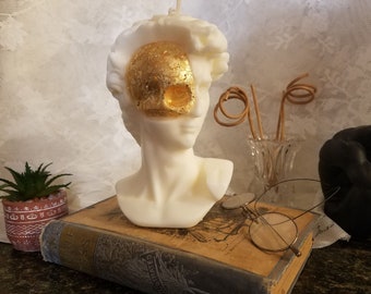 Large David Bust Half Skull Candle with Gold Trim, David Statue Candle, Renaissance David Sculpture Head, Greek Statue, Michelangelo's David