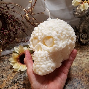 XLarge Skull of Skulls Candle, 25 ounces, Large Unique Skull Candle, Ornate Skull Candle with Heart Eyes