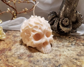 Flaming Skull Candle, Medium Unique Skull Candle , Ornate Blazing Skull Candle, Color Choice