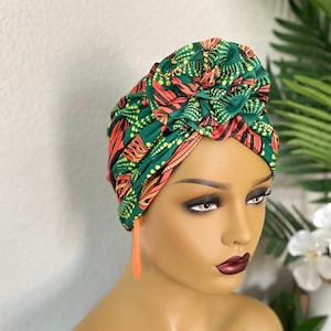 GREEN/ORANGE Print Turban | Cotton Light-Weight Headwrap