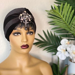 Best Seller!!! BLACK VELVET Turban | Light-Weight Decor Turban w/attached Brooch of your choice