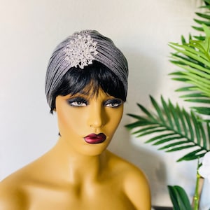 RUCHED METALLIC TURBAN w/StarBurst Brooch | Light-Weight Decor Turban