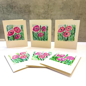 Handpainted Notecards Pink Flowers, Loose Floral Painting, 4X5 Blank Card Set