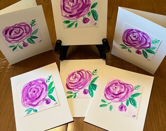 set of 6 cards with envelopes FlowerOfLoveCreation Freehand painted purple rose original watercolor painting blank floral notecards